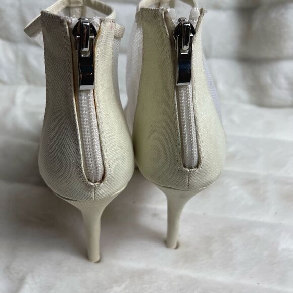 De Blossom collection beige iridescent textile & mesh ankle platform heels SZ10 - Picture 5 of 11